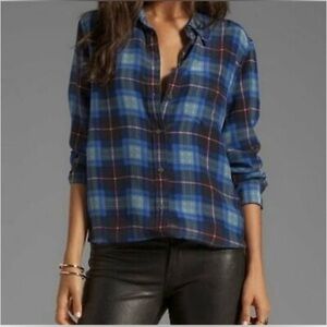 Equipment signature silk blue red plaid button down blouse top XS